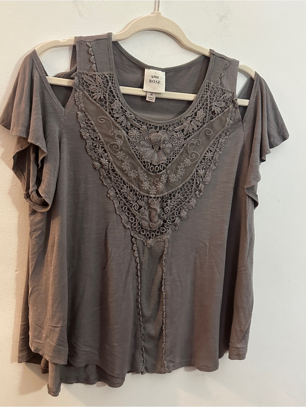 Knox Rose Taupe Cold-Shoulder Top with Lace Crochet Detail